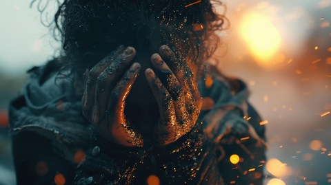 grieving woman lying on bed with hands over face