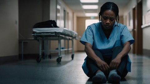 burned out woman hospital worker sitting on floor in despair