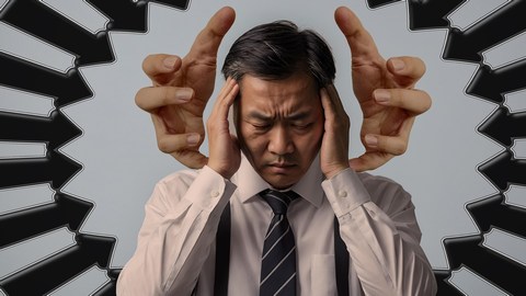 Man who is furious at work with fingers pressed to temples