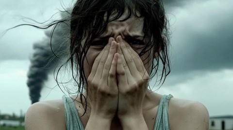 Woman in NYC with hands over face, in grief